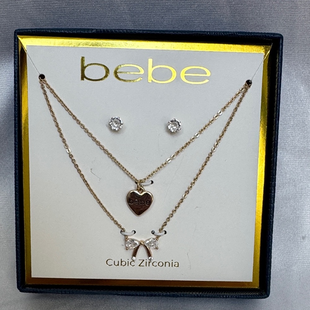 Bebe 3 Piece Bow and Heart Pendant Necklaces with Sparkly Stud Earrings